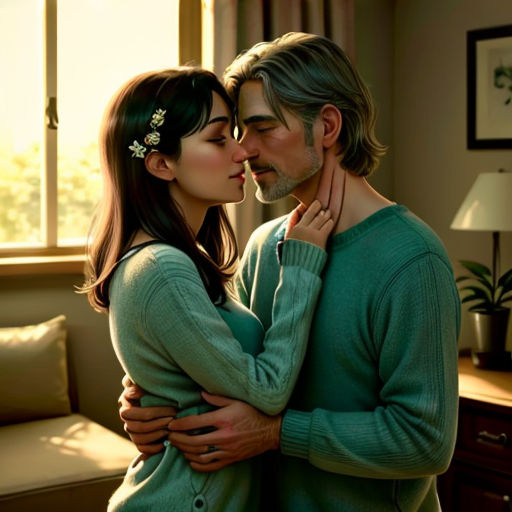 a man and woman are kissing in a living room with a window behind them and a couch in the background