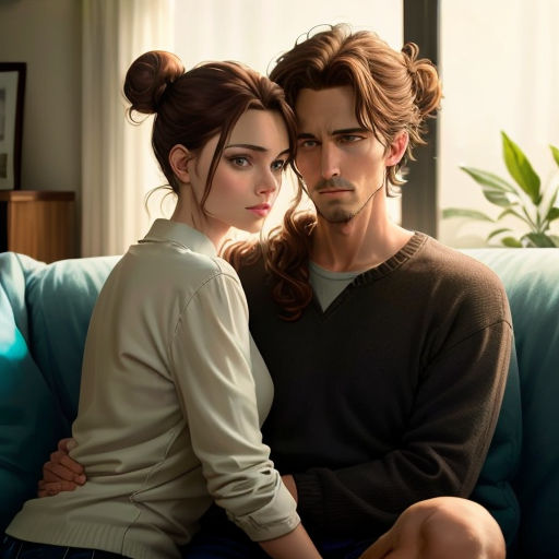 a man and a woman sitting on a couch together, one of them is holding the other's arm