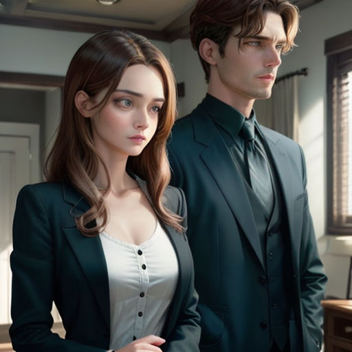 a man and a woman in suits standing next to each other in a room with a window and a door