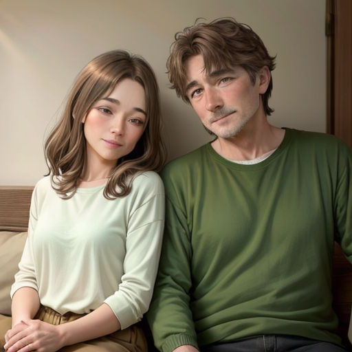 a man and a woman sitting on a couch together, one of them is looking at the camera and the other is looking at the camera