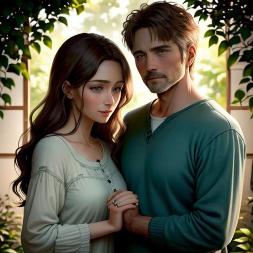 a man and a woman standing next to each other in front of a window with green leaves on it