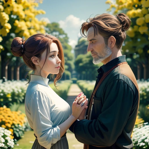 a man and a woman standing in a garden together, facing each other, with flowers in the background