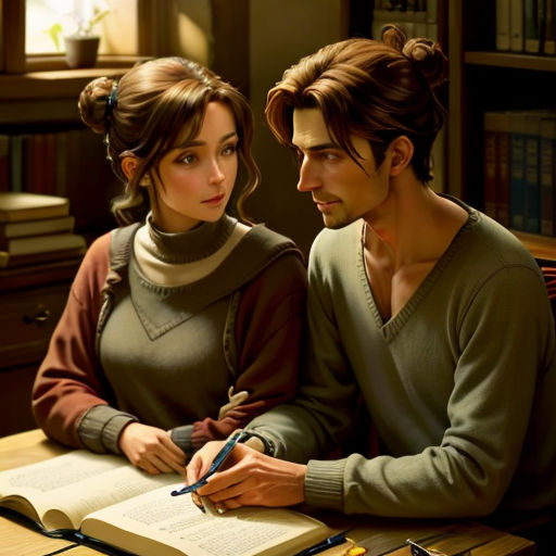 a man and a woman sitting at a table with a book and pen in hand and a book in front of them