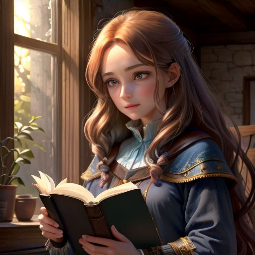 a girl is reading a book in a room with a window and potted plant in the background,