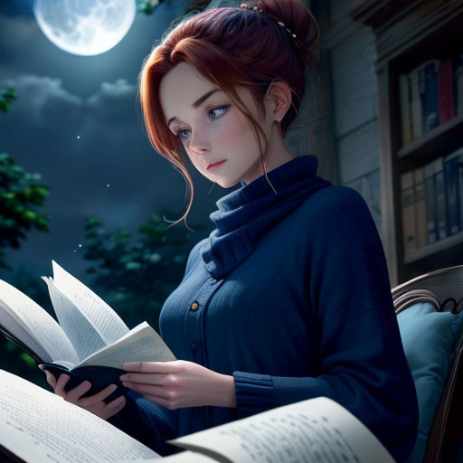 a woman reading a book in front of a full moon with a full moon in the background and a full moon in the sky