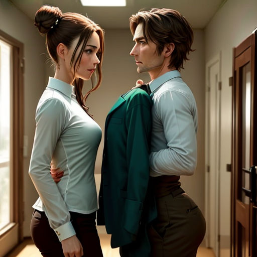 a man and a woman standing in a hallway together, looking at each other with a serious look on their faces