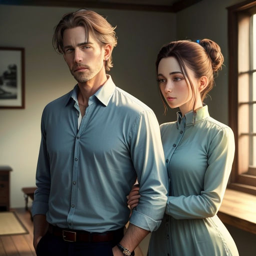 a man and a woman standing next to each other in a room with a window and a wooden floor