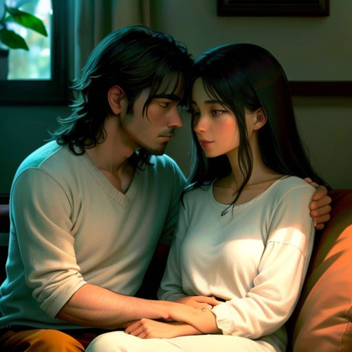 a man and a woman sitting on a couch together, looking at each other's eyes and smiling