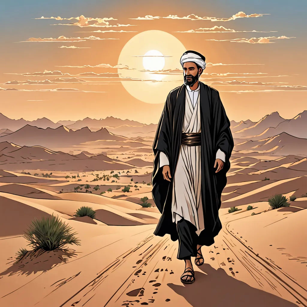 a man in a desert with a desert landscape in the background and a sun setting behind him, with a desert landscape in the foreground, hurufiyya, a comic book panel, Asaf Hanuka, graphic novel