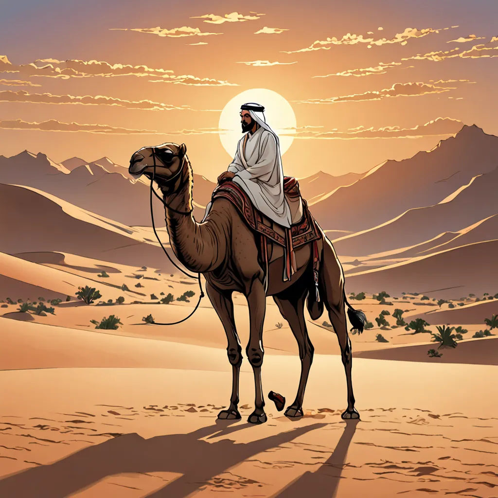 a man riding a camel in the desert at sunset with mountains in the background and a sun setting behind him, dau-al-set, a storybook illustration, Asaf Hanuka, desert