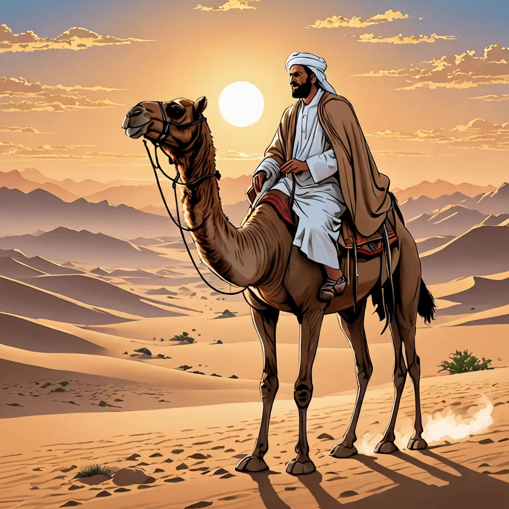 a man riding a camel in the desert at sunset with a desert landscape in the background and a sun setting, dau-al-set, a storybook illustration, Amédée Ozenfant, desert