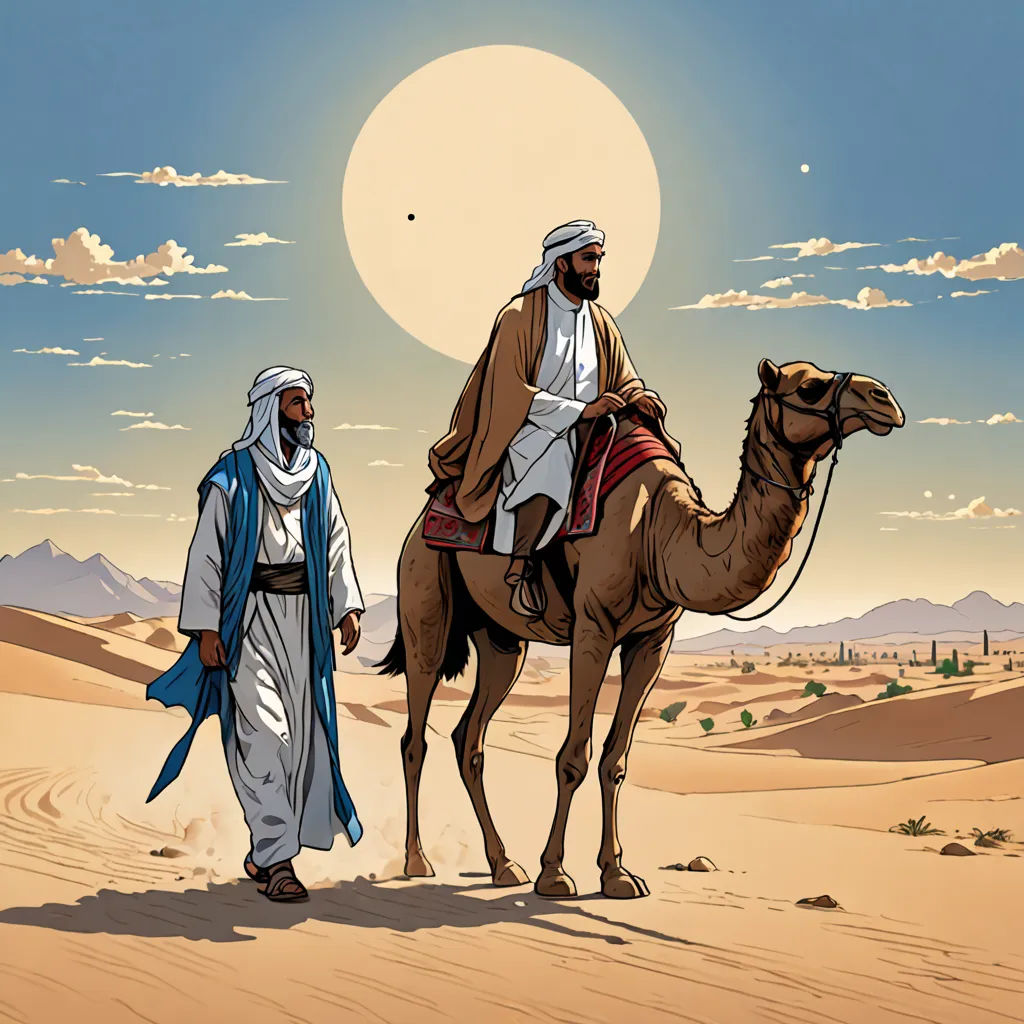 a man and a woman are walking in the desert with a camel and a man in a blue robe, afrofuturism, a storybook illustration, Asaf Hanuka, sun