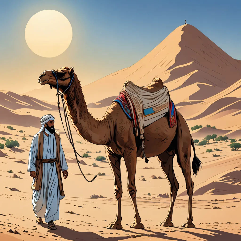 a man walking with a camel in the desert near a mountain range with a sun in the background and a desert landscape, dau-al-set, a detailed matte painting, Asaf Hanuka, desert