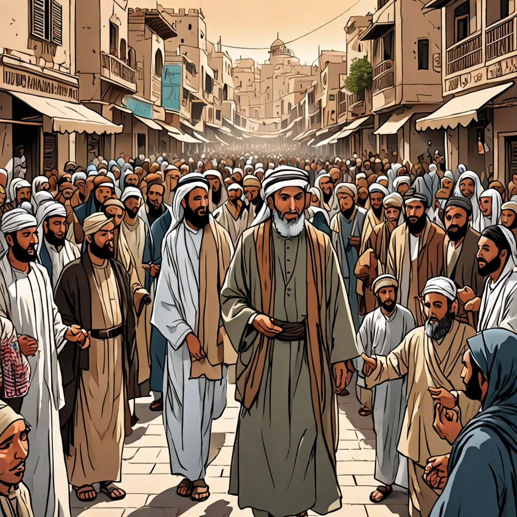 a painting of a man leading a group of men in a street with buildings in the background and a crowd of people in the street, hurufiyya, a comic book panel, Asaf Hanuka, graphic novel