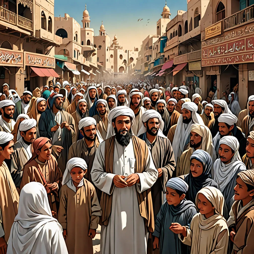 a painting of a group of people in a street with buildings in the background and a man standing in front of a crowd, unilalianism, a storybook illustration, Brothers Hildebrandt, orientalism
