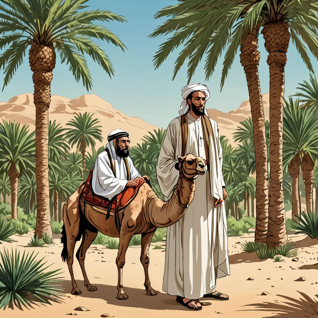 a man and a woman standing next to a camel in the desert with palm trees in the background and a man in a white robe on a camel, les nabis, a storybook illustration, Asaf Hanuka, desert