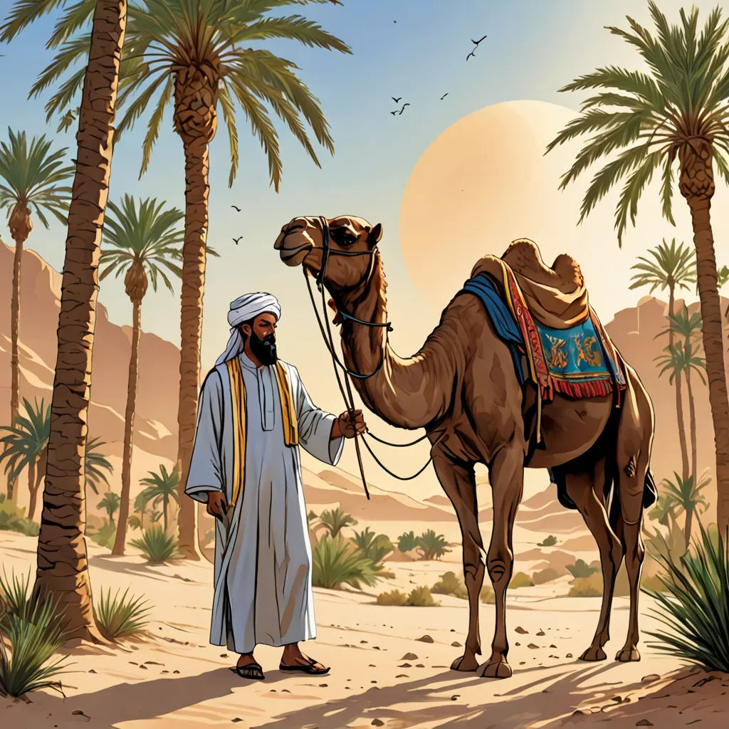 a man in a desert with a camel and palm trees in the background, and a bird flying overhead, les nabis, a storybook illustration, Asaf Hanuka, desert
