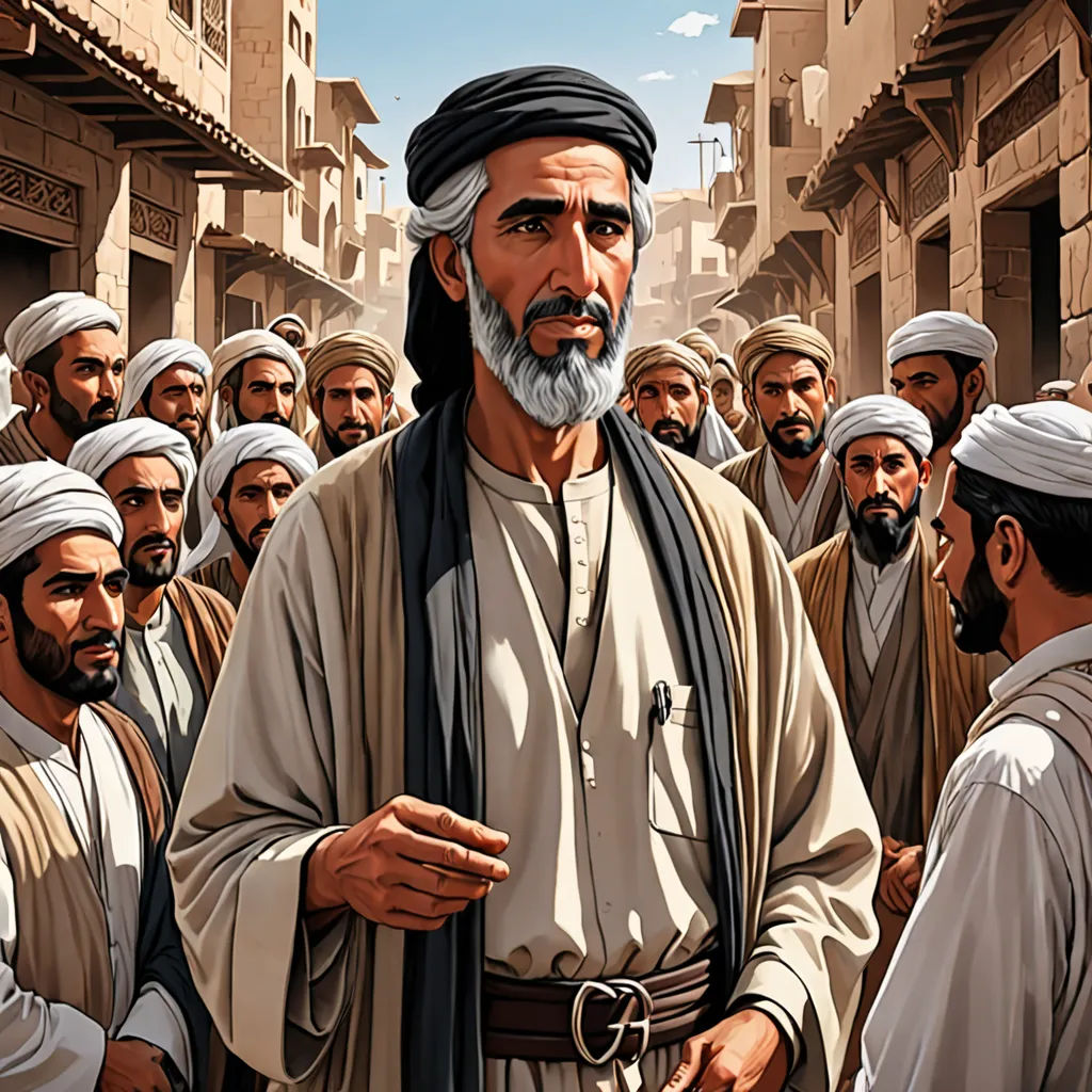 a painting of a man with a beard and a beard in a crowd of men in a street with buildings, unilalianism, a storybook illustration, Amir Zand, detailed illustration