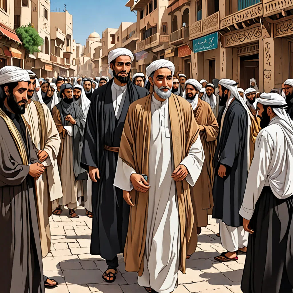 a painting of a group of men in a street with buildings in the background and a man in a white robe, hurufiyya, a comic book panel, Asaf Hanuka, graphic novel