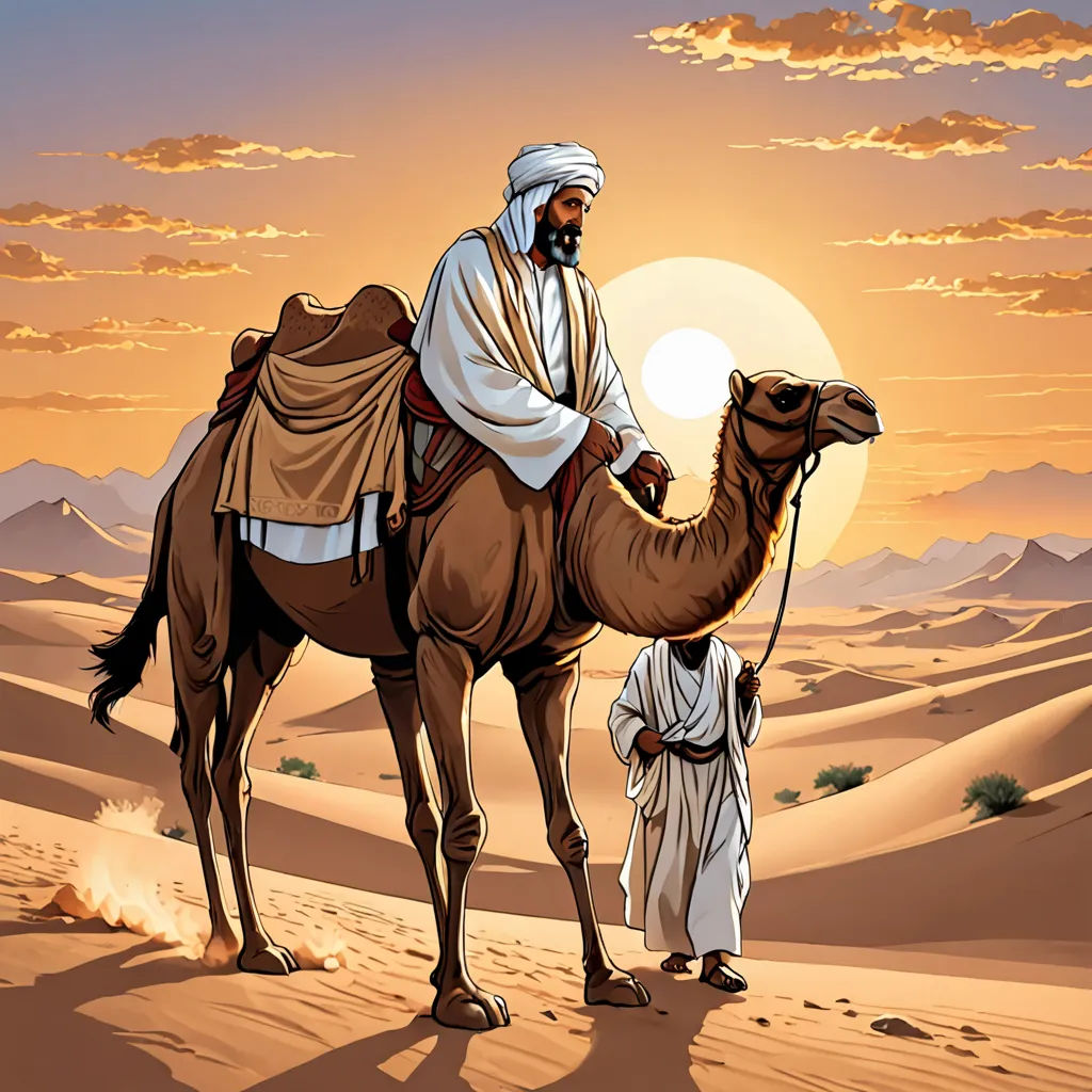a man and a woman are standing in the desert with a camel and a man in the background is looking at the camel, hurufiyya, a storybook illustration, Amédée Ozenfant, desert