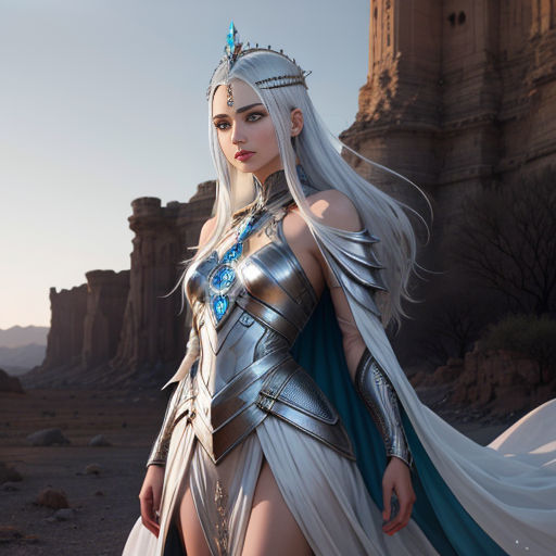 a woman in a white dress and a blue cape standing in front of a castle with a castle in the background