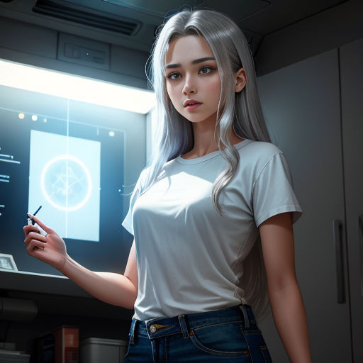 a woman in a white shirt is holding a cigarette and looking at a screen with a clock on it
