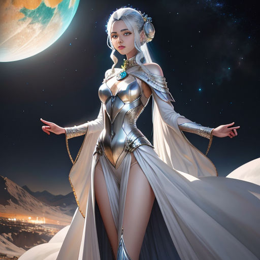 a woman in a white dress standing in front of a moon and a planet with a star in the background