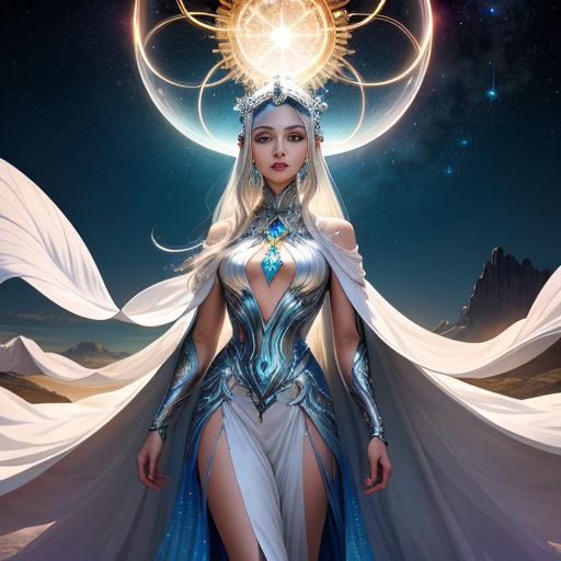a woman in a white dress with a blue cape and a sun on her head and a moon above her head