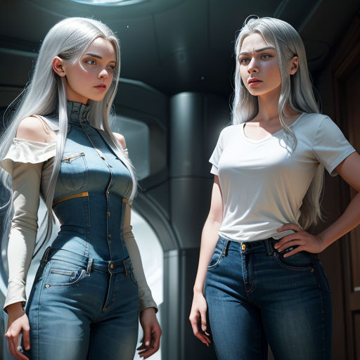 two women in jeans and white shirts standing next to each other in a room with a circular window and a circular light