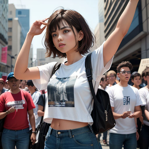a woman in a white shirt and jeans is standing in front of a crowd of people in a city