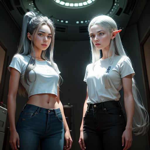 two women standing next to each other in a room with a light on the ceiling and a circular window
