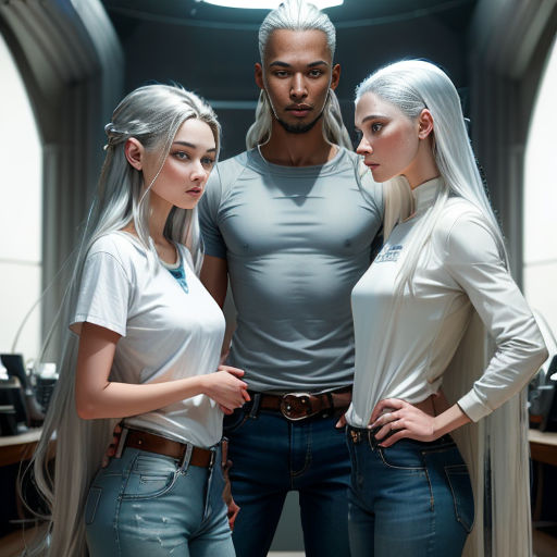 a man and two women standing next to each other in a room with a ceiling light above them and a man in a white shirt and woman in jeans and white shirt