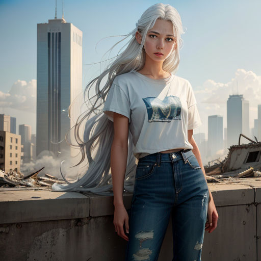 a woman with long hair standing on a ledge in front of a city skyline with skyscrapers and a building