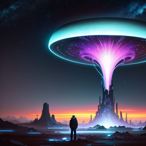 a man standing in front of a giant alien spaceship in a desert landscape at night with a neon light