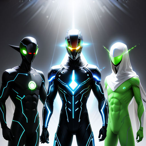 three men in futuristic suits standing in front of a spotlight light with green eyes and glowing eyes on their faces