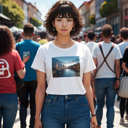 a woman standing in front of a crowd of people on a street with a t - shirt on her