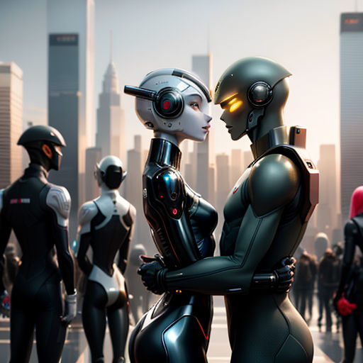 a couple of robots standing next to each other in a city street with a crowd of people in the background