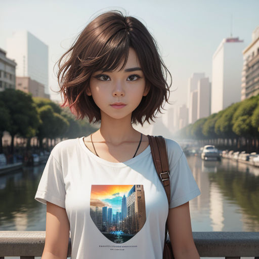 a woman standing on a bridge with a city in the background and a river running through it with buildings on both sides