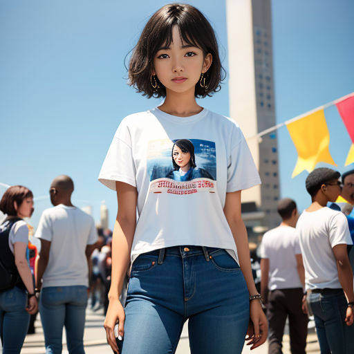 a woman standing in front of a crowd of people wearing jeans and a t - shirt with a picture of a woman on it