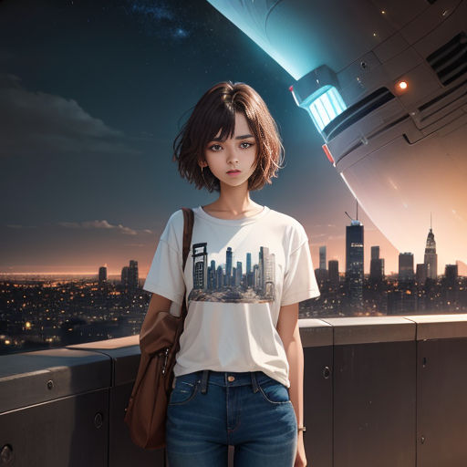 a woman standing on a ledge with a city in the background and a telescope in the sky above her