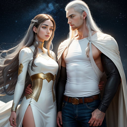a man and a woman dressed in white and gold standing next to each other in front of a night sky