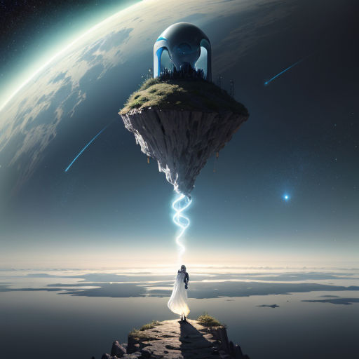 a person standing on a small island in the middle of the ocean with a sky background and a distant planet in the distance