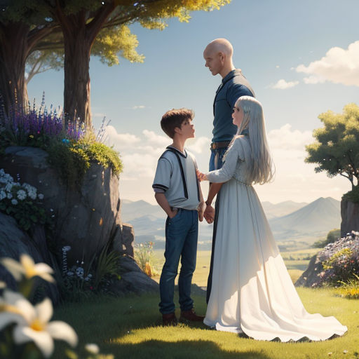a man and woman standing next to a boy in a field with flowers and trees in the background,