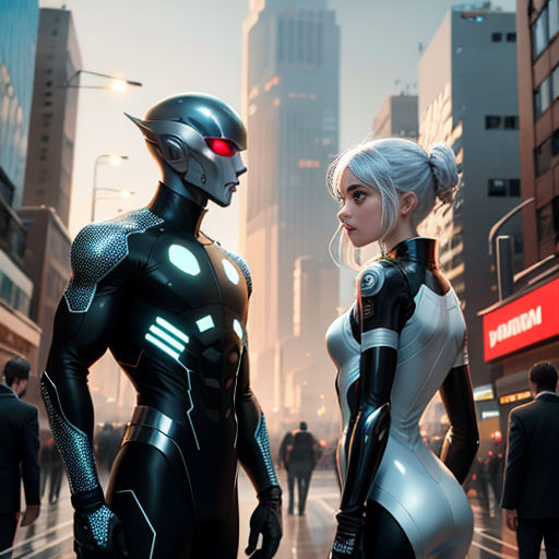 a couple of people standing next to each other in a city street with tall buildings and tall buildings in the background