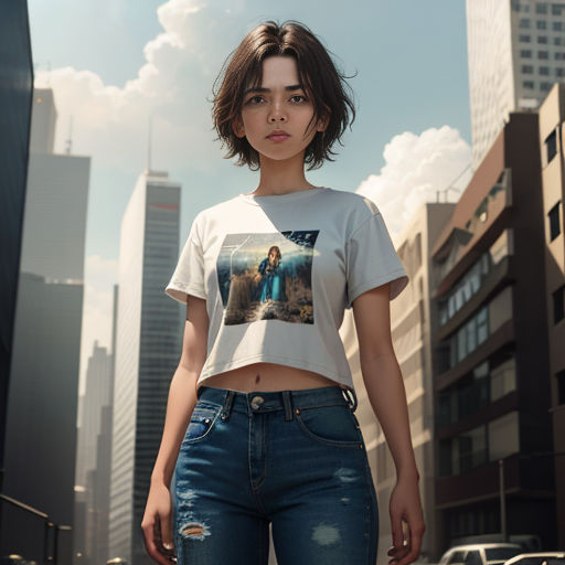 a woman in a white shirt and jeans standing in the middle of a city street with a poster on her shirt