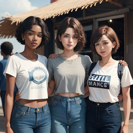 three women standing next to each other in front of a building with a straw roof and a straw umbrella
