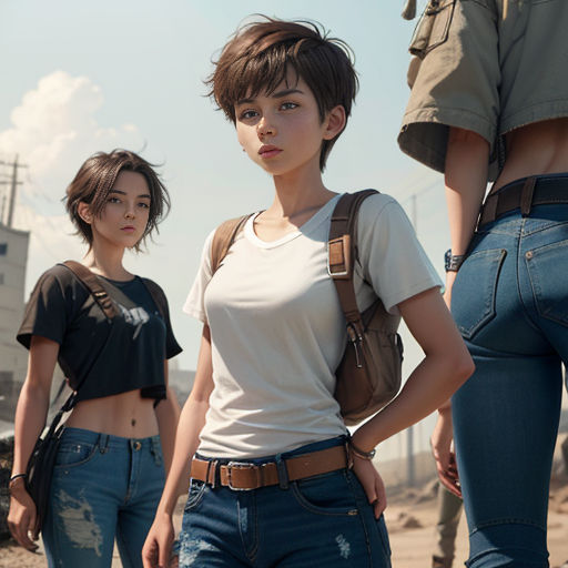 a group of people standing next to each other on a dirt field with a building in the background and a person standing behind them