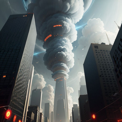 a city with a lot of smoke coming out of it's towers and buildings in the background, with a red traffic light in the foreground