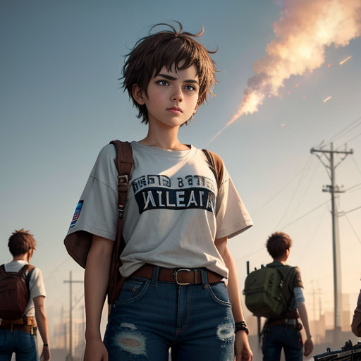 a girl with a backpack and a t - shirt on stands in front of a group of people with backpacks