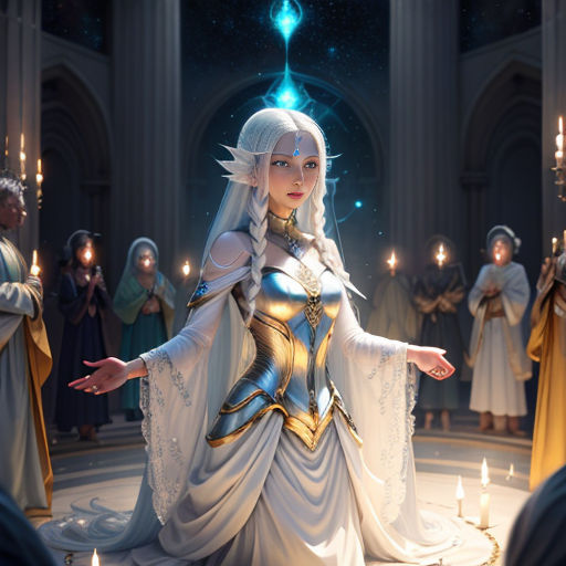 a woman dressed in a white dress surrounded by candles and angels in a cathedral with a blue light shining on her head